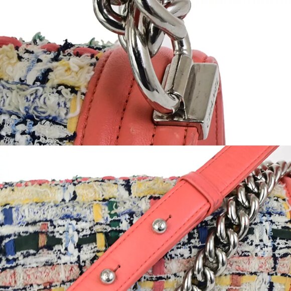 CHANEL CC Logo Boy Chain Shoulder Bag Tweed Leather Orange SHW France 332RK838 - Picture 15 of 16